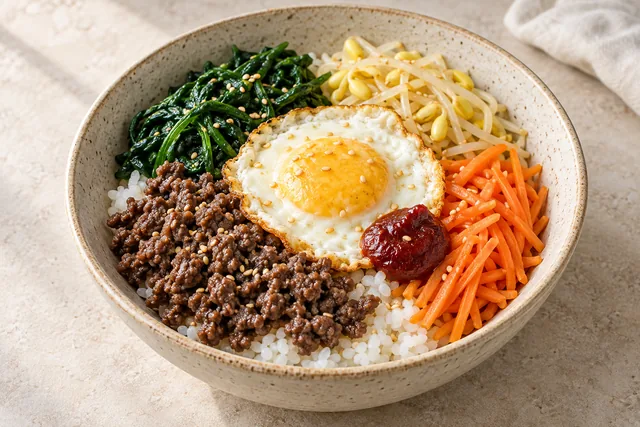 소고기·시금치·콩나물·당근과 완전히 익힌 달걀을 올린 비빔밥 · AI로 생성한 완성 예시