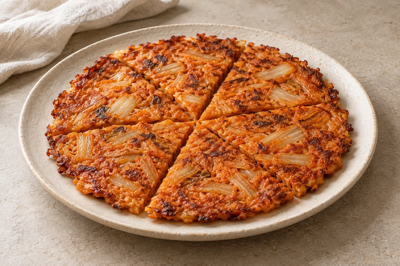 배추김치와 양파를 넣어 얇고 바삭하게 부친 김치전 · AI로 생성한 완성 예시
