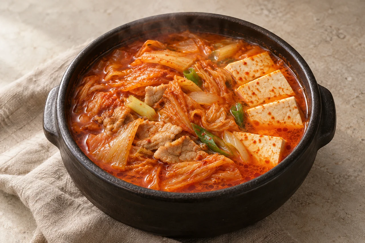 검은 뚝배기에 담긴 돼지고기·두부·배추김치 김치찌개 · AI로 생성한 완성 예시