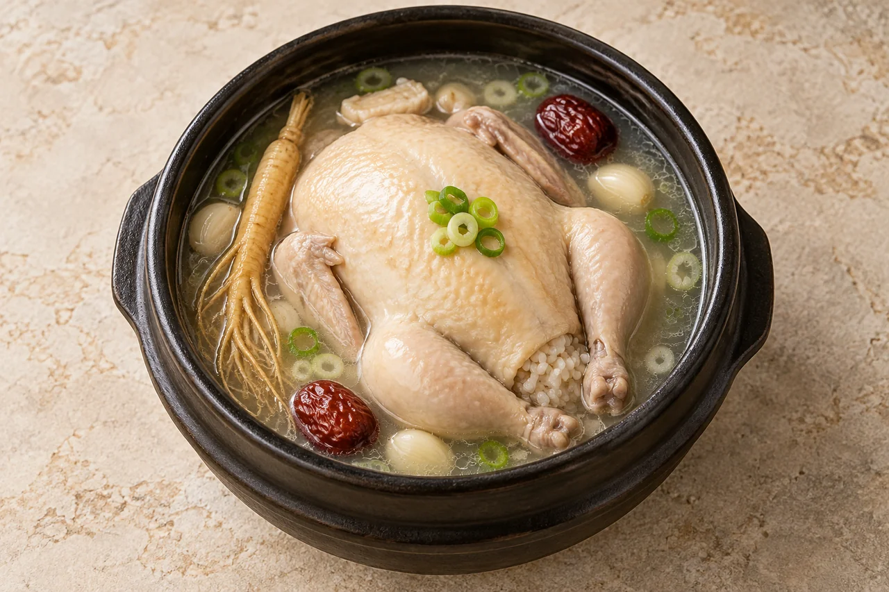 찹쌀을 채운 닭 한 마리와 인삼·대추를 맑은 국물에 끓인 삼계탕 · AI로 생성한 완성 예시